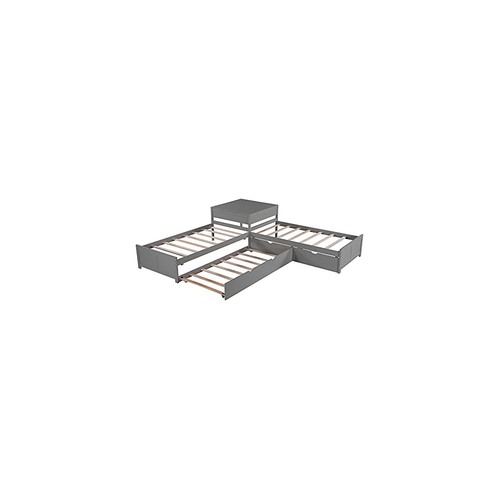 Merax L-Shaped Platform Bed with Trundle, Drawers and Built-in Desk, Wood Bed for Teens, L Shaped Twin Bed, Grey