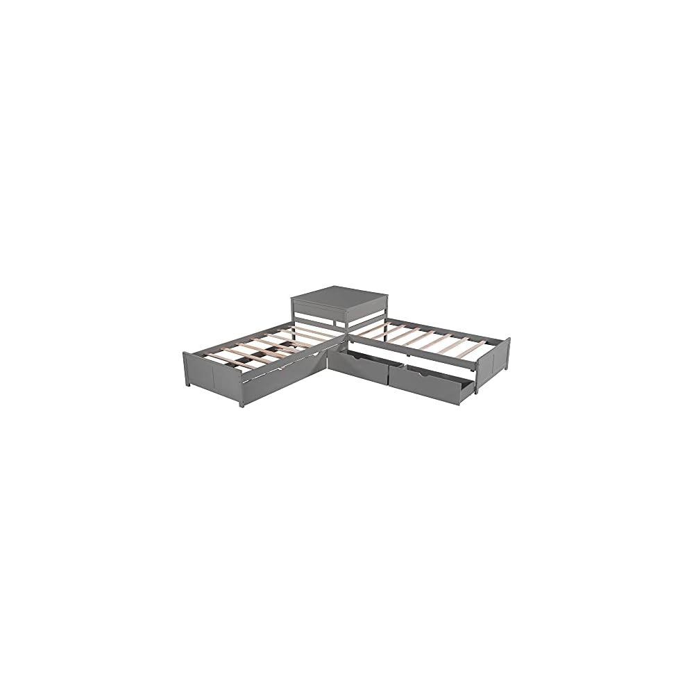 Merax L-Shaped Platform Bed with Trundle, Drawers and Built-in Desk, Wood Bed for Teens, L Shaped Twin Bed, Grey