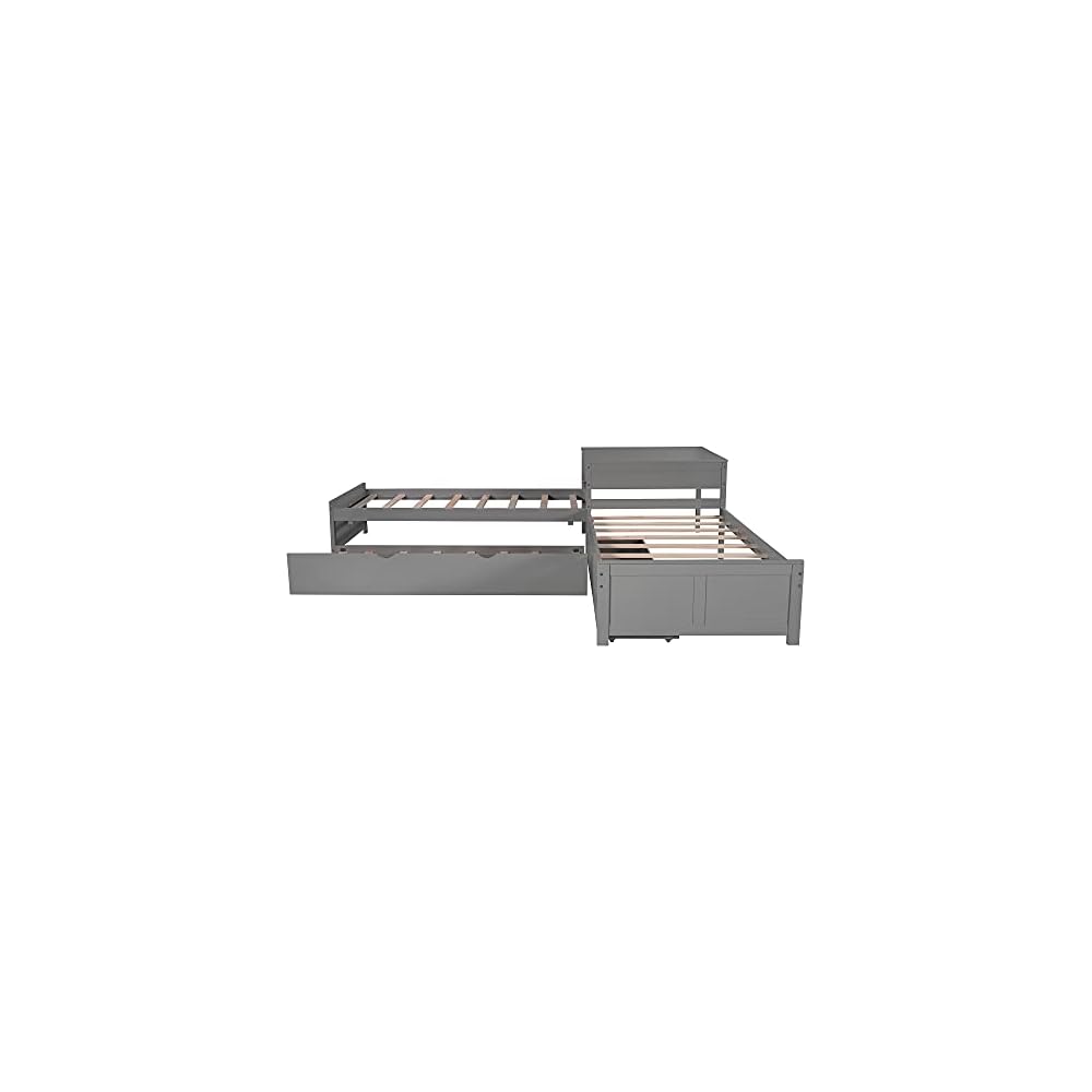 Merax L-Shaped Platform Bed with Trundle, Drawers and Built-in Desk, Wood Bed for Teens, L Shaped Twin Bed, Grey