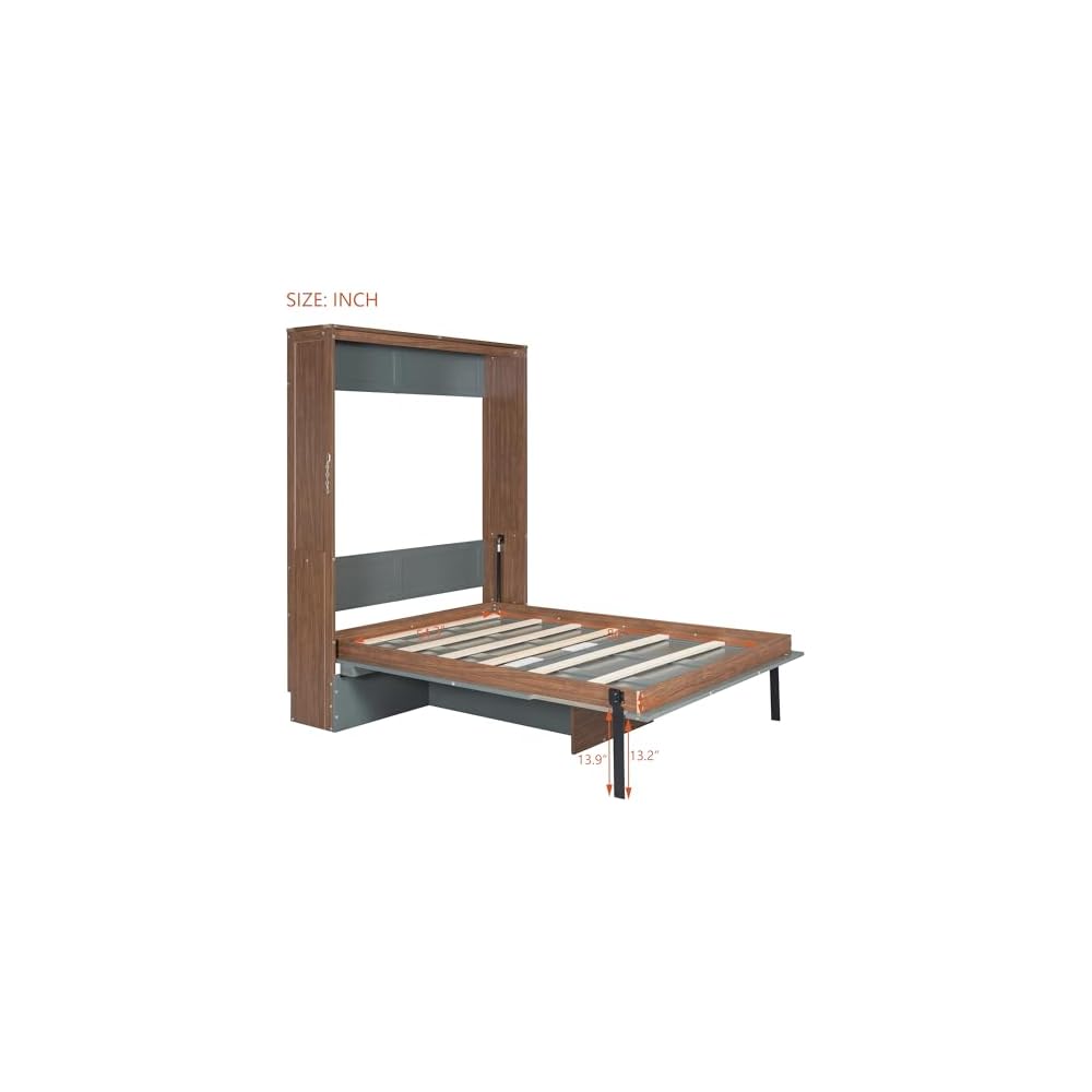 Ball & Cast Full Size Murphy Bed Wall Beds with Foldable Desk and Hardware Chain,Cabinets Bed w/Metal Leg & Slat Support,Space Saving Bedroom Furniture for Small Space Apartment,Walnut & Gray