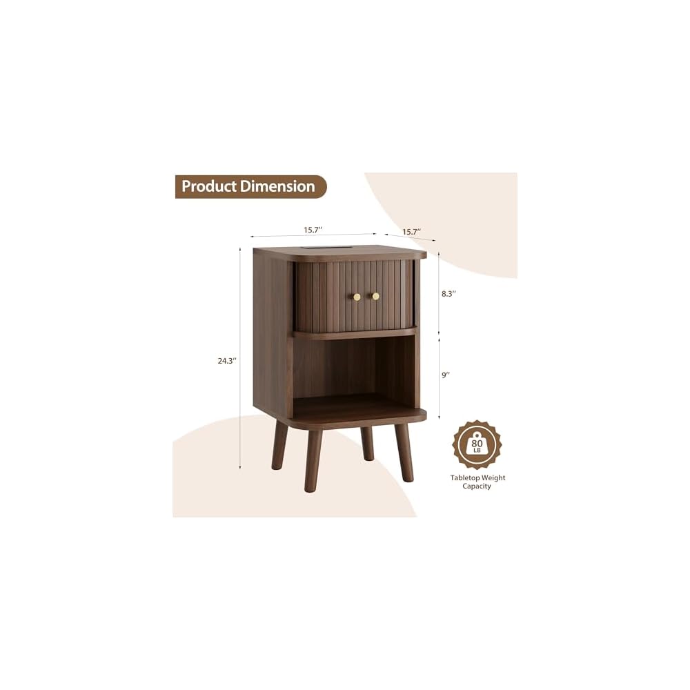 Decofy Fluted Nightstand Set of 2, Charging Station & Sliding Doors, Walnut