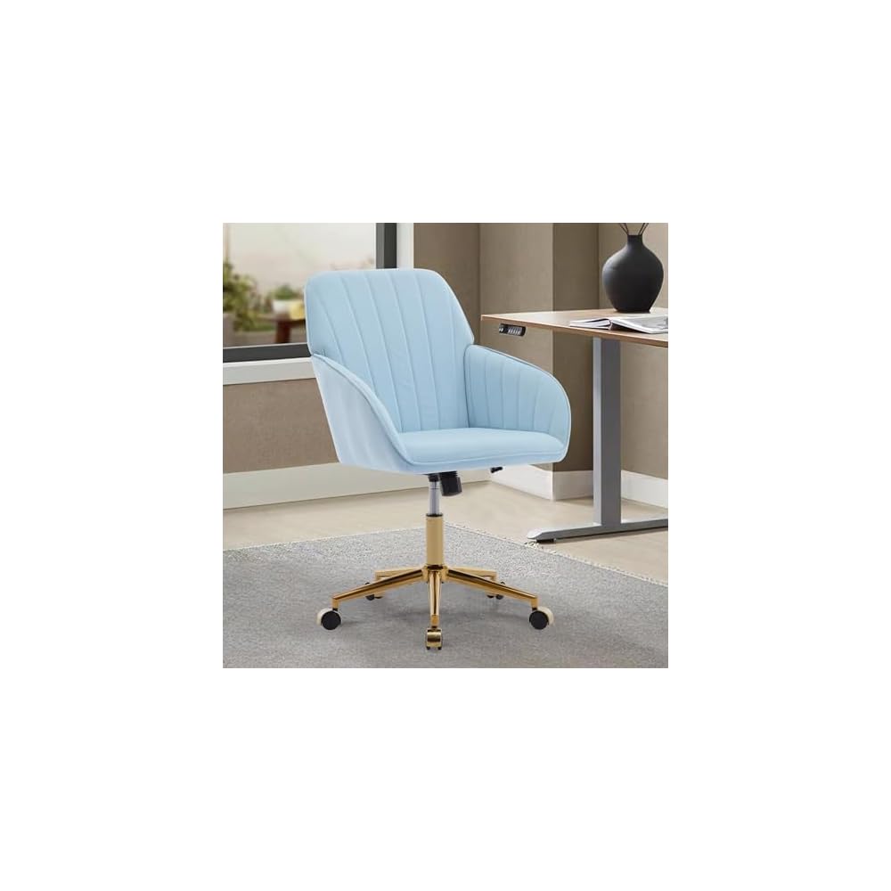 Modern Velvet Home Office Desk Chair,with Gold Metal Legs, Swivel Chair360° with High Back, Swivel Armchair Vanity Chair Nice Task Chair，vanity chair Upholstered Tufted Computer Chair (Baby Blue)