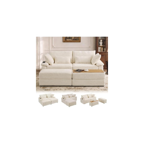 75" Corduroy Loveseat Sofa with Storage Ottoman,USB Charging,Beige