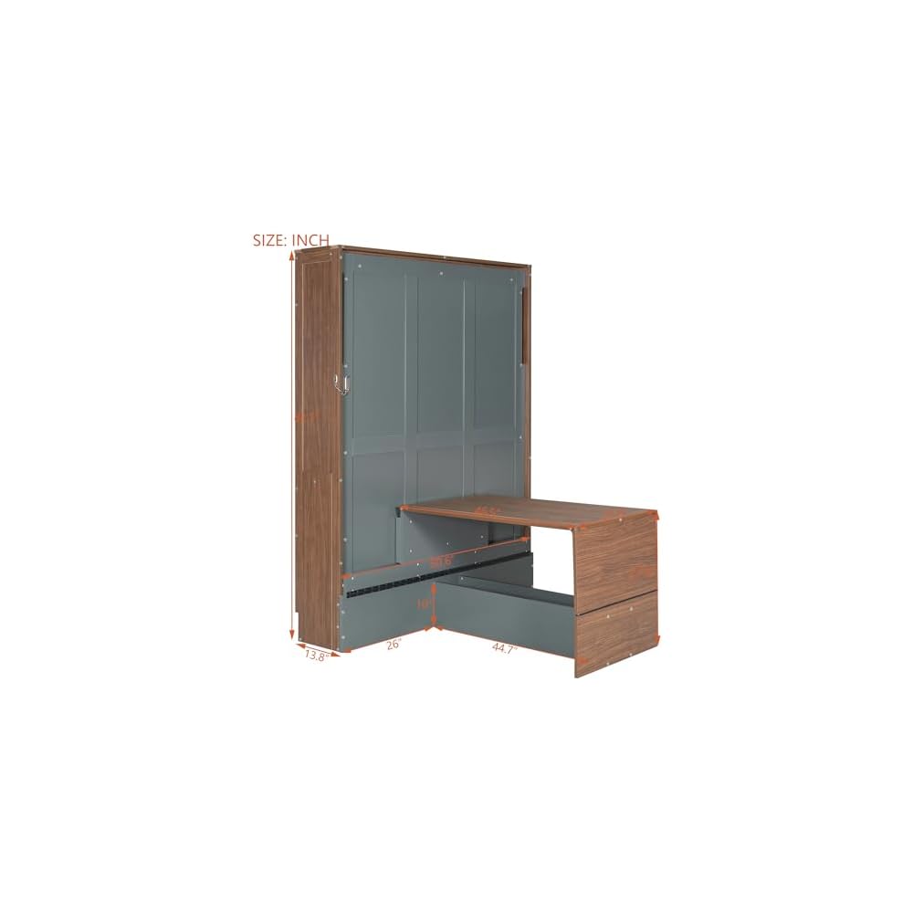 Ball & Cast Full Size Murphy Bed Wall Beds with Foldable Desk and Hardware Chain,Cabinets Bed w/Metal Leg & Slat Support,Space Saving Bedroom Furniture for Small Space Apartment,Walnut & Gray