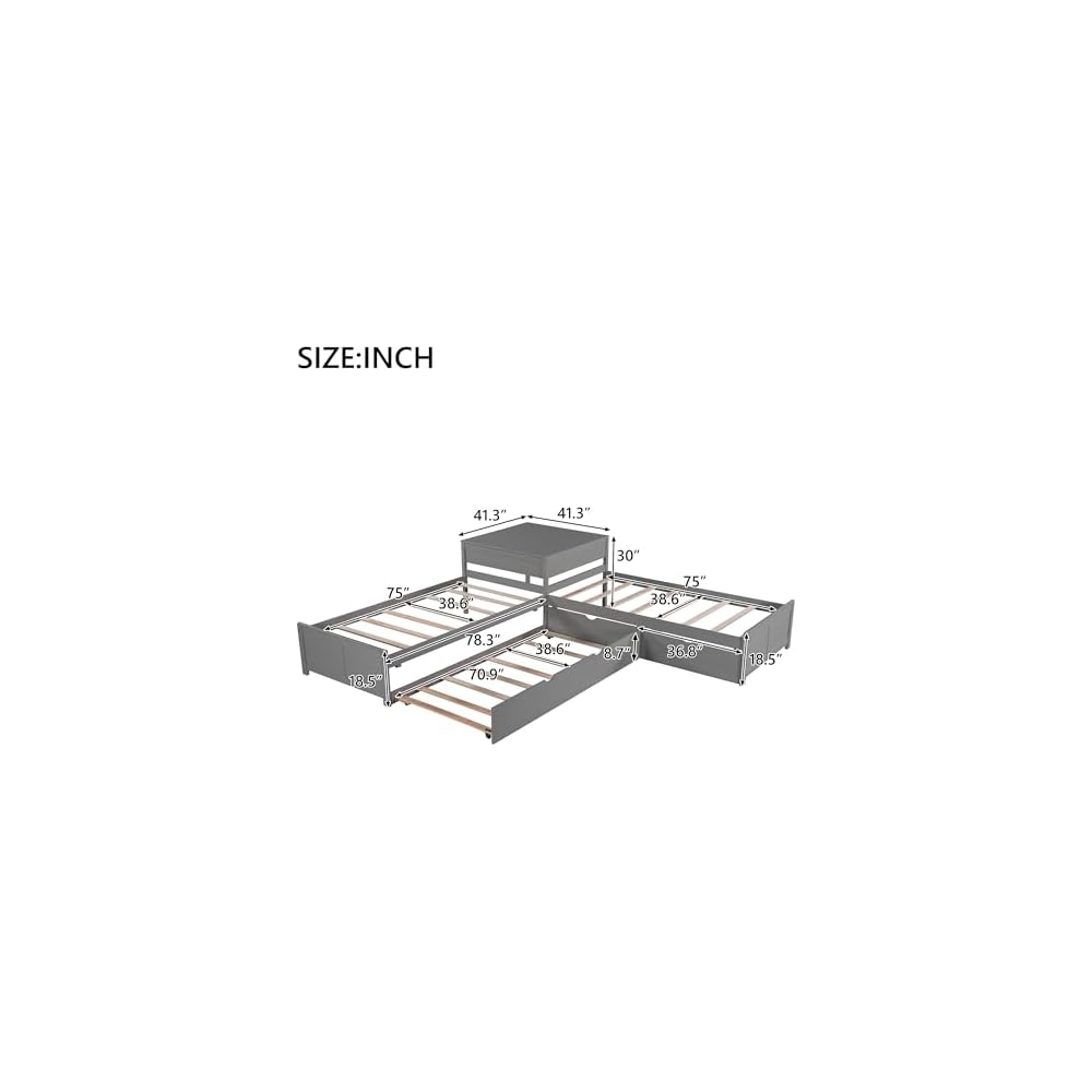 Merax L-Shaped Platform Bed with Trundle, Drawers and Built-in Desk, Wood Bed for Teens, L Shaped Twin Bed, Grey