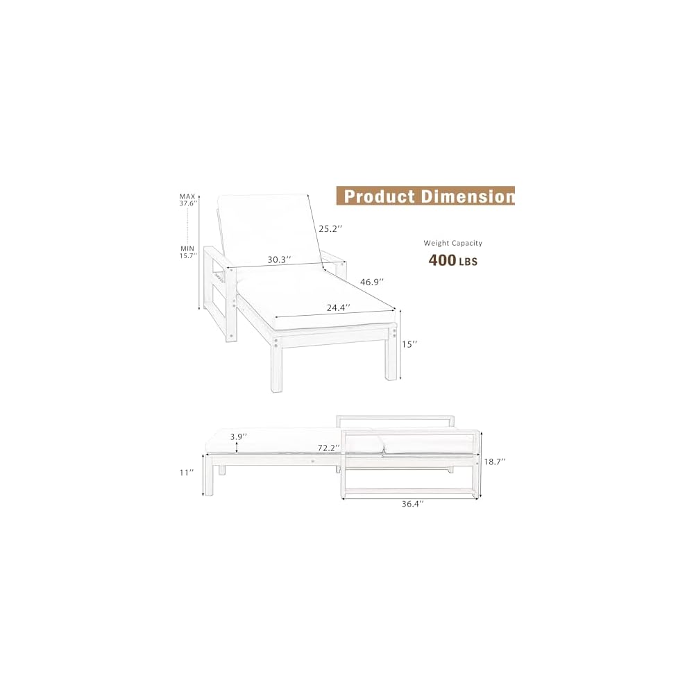 Outdoor Chaise Lounge Chair Set of 2, Patio Chaise Lounge Recliner with Adjustable Backrest, Acacia Wood Poolside Chaise Lounge with Thick All-Weather Cushions for Patio, Deck and Backyard(B)