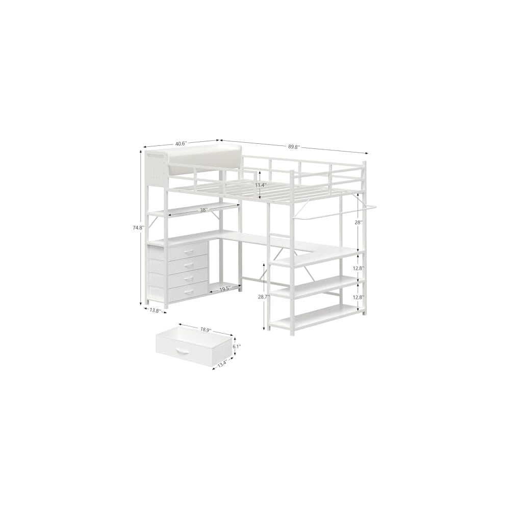 CSZZD White Loft Bed Twin Size with U-Shaped Desk and Upholstered Headboard