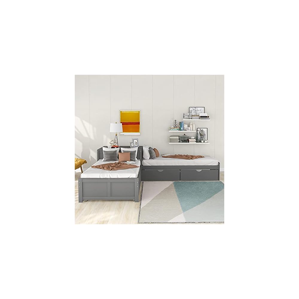 Merax L-Shaped Platform Bed with Trundle, Drawers and Built-in Desk, Wood Bed for Teens, L Shaped Twin Bed, Grey