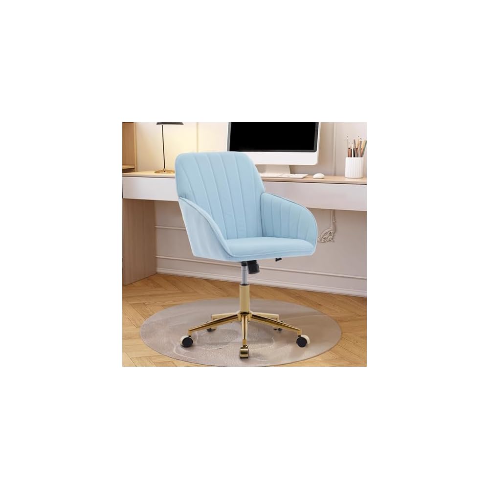 Modern Velvet Home Office Desk Chair,with Gold Metal Legs, Swivel Chair360° with High Back, Swivel Armchair Vanity Chair Nice Task Chair，vanity chair Upholstered Tufted Computer Chair (Baby Blue)