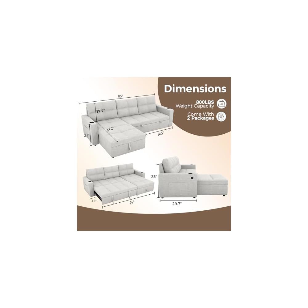 85 Inch Modular Sectional Sleeper Sofa Bed with Storage,L Shaped Sectional Couches Bed with Pull Out Couch Bed,USB Charging,Cup Holders and Side Pockets,for Living Room/Office/Apartment