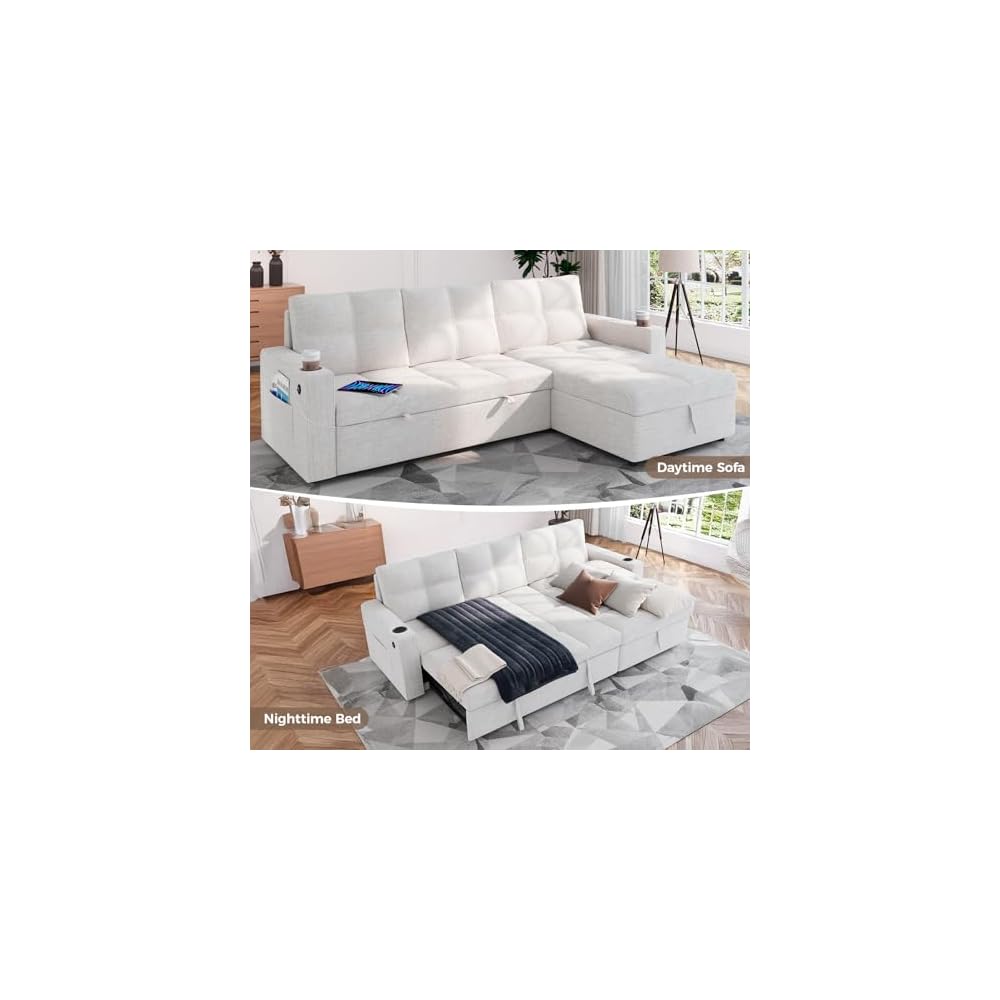 85 Inch Modular Sectional Sleeper Sofa Bed with Storage,L Shaped Sectional Couches Bed with Pull Out Couch Bed,USB Charging,Cup Holders and Side Pockets,for Living Room/Office/Apartment