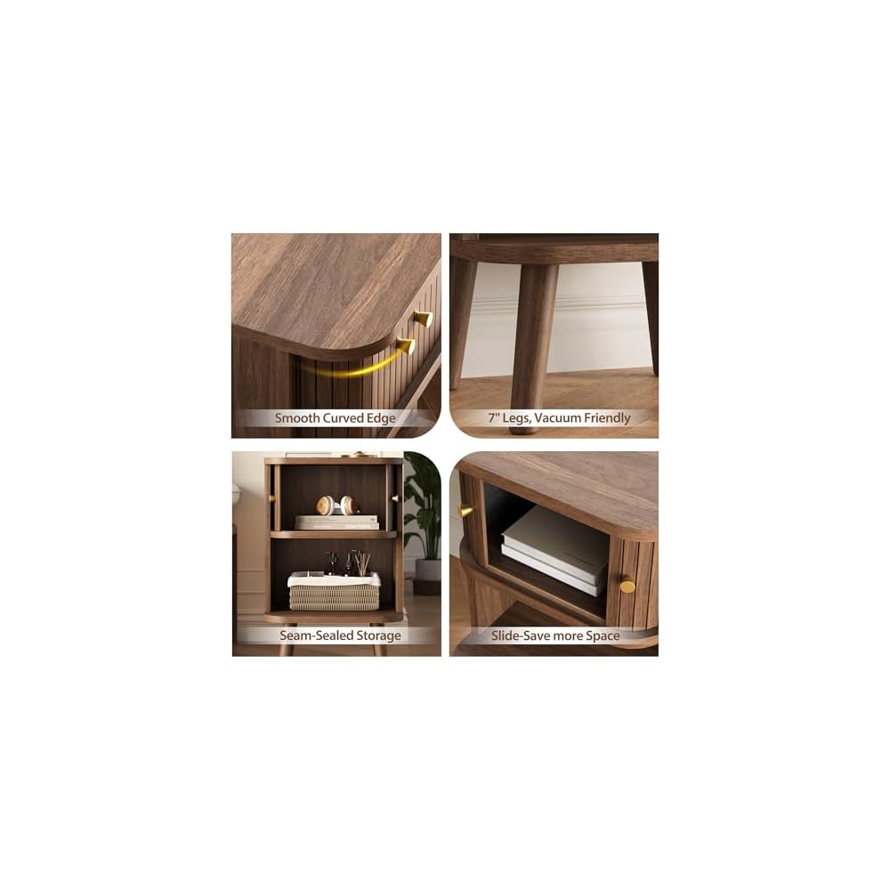 Decofy Fluted Nightstand Set of 2, Charging Station & Sliding Doors, Walnut
