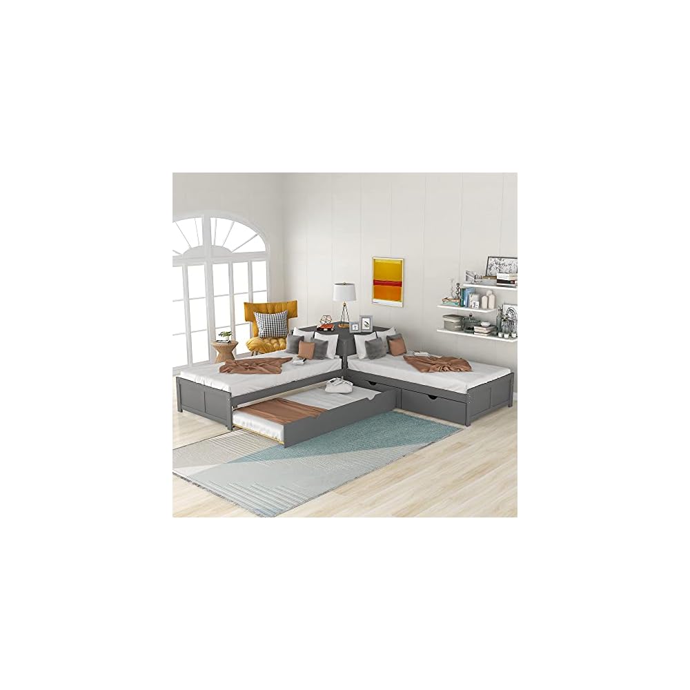 Merax L-Shaped Platform Bed with Trundle, Drawers and Built-in Desk, Wood Bed for Teens, L Shaped Twin Bed, Grey