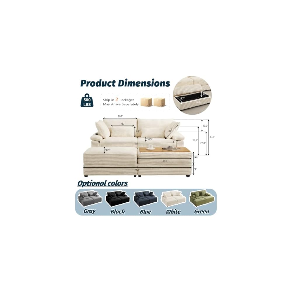 75" Corduroy Loveseat Sofa with Storage Ottoman,USB Charging,Beige