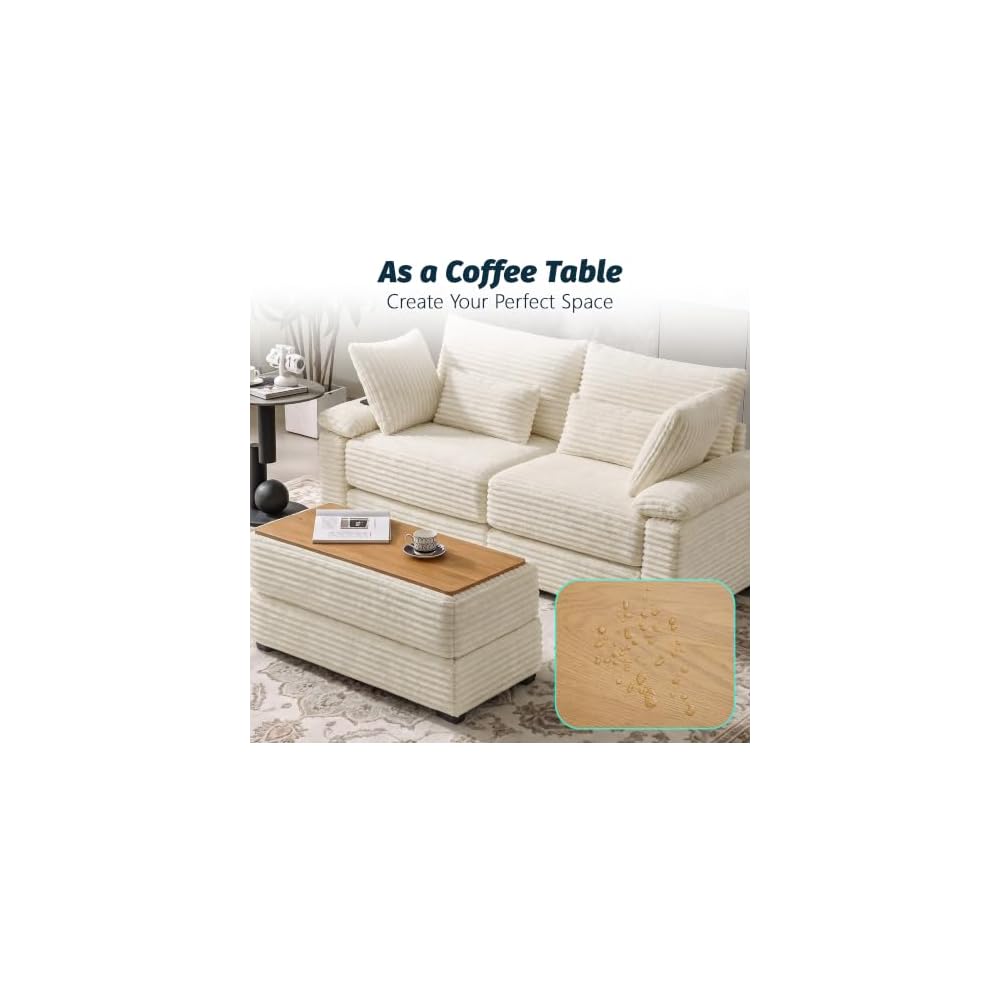 75" Corduroy Loveseat Sofa with Storage Ottoman,USB Charging,Beige