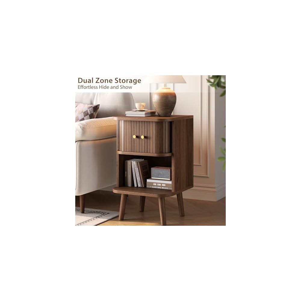 Decofy Fluted Nightstand Set of 2, Charging Station & Sliding Doors, Walnut