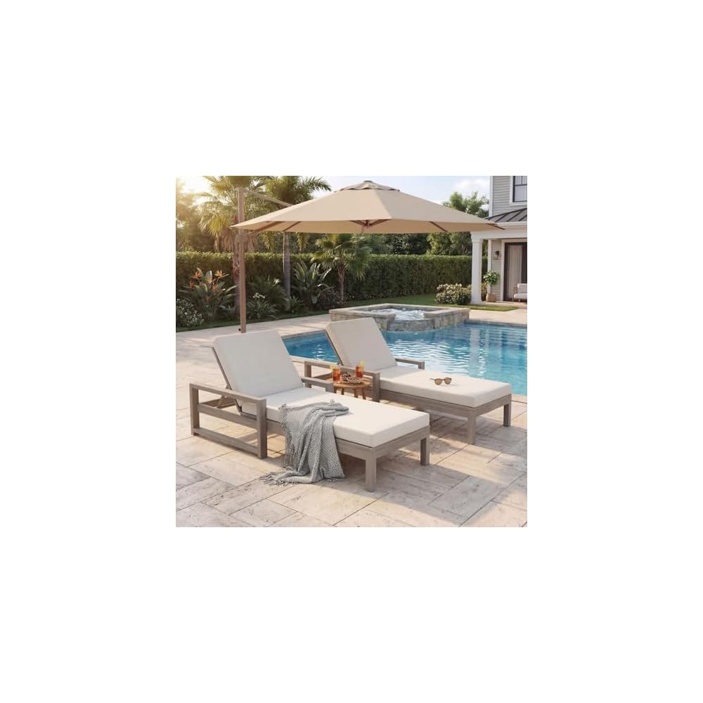 Outdoor Chaise Lounge Chair Set of 2, Patio Chaise Lounge Recliner with Adjustable Backrest, Acacia Wood Poolside Chaise Lounge with Thick All-Weather Cushions for Patio, Deck and Backyard(B)