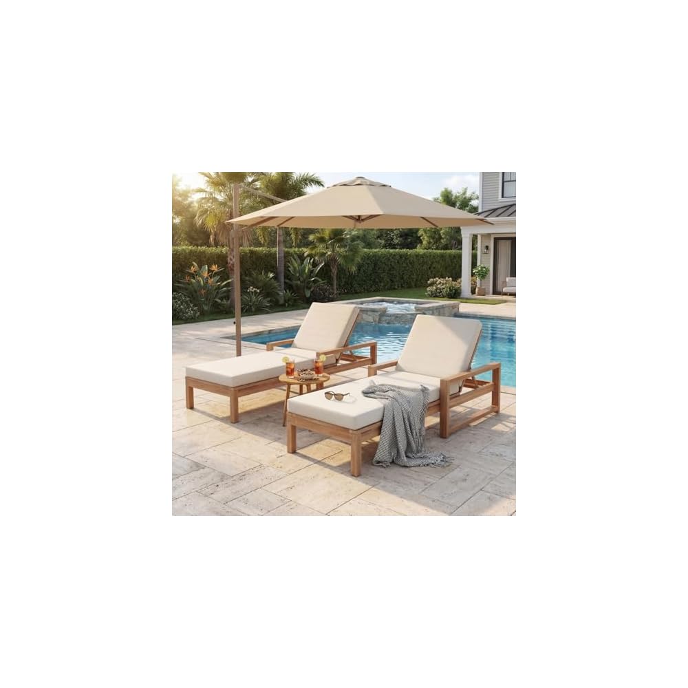 Outdoor Chaise Lounge Chair Set of 2, Patio Chaise Lounge Recliner with Adjustable Backrest, Acacia Wood Poolside Chaise Lounge with Thick All-Weather Cushions for Patio, Deck and Backyard(B)