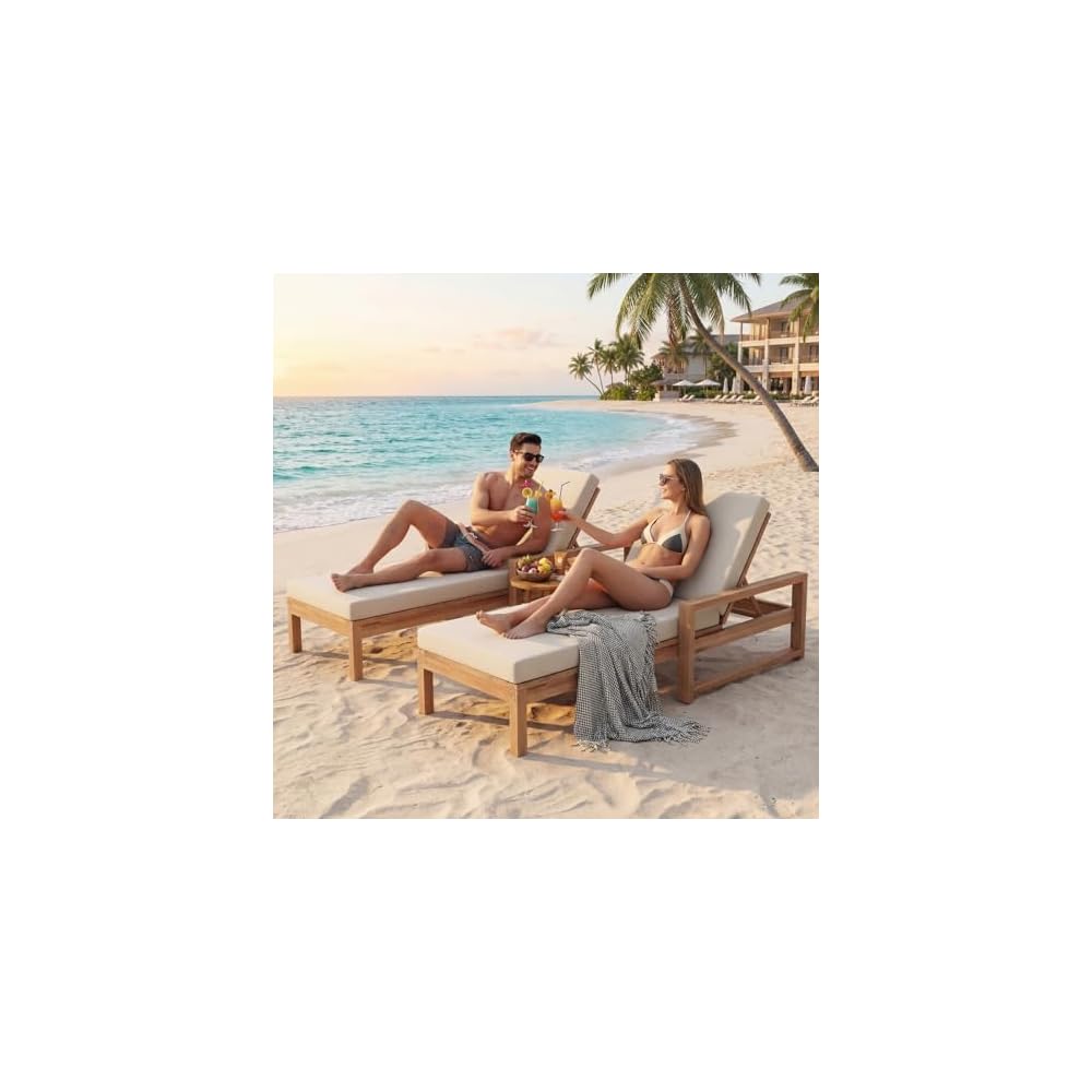 Outdoor Chaise Lounge Chair Set of 2, Patio Chaise Lounge Recliner with Adjustable Backrest, Acacia Wood Poolside Chaise Lounge with Thick All-Weather Cushions for Patio, Deck and Backyard(B)