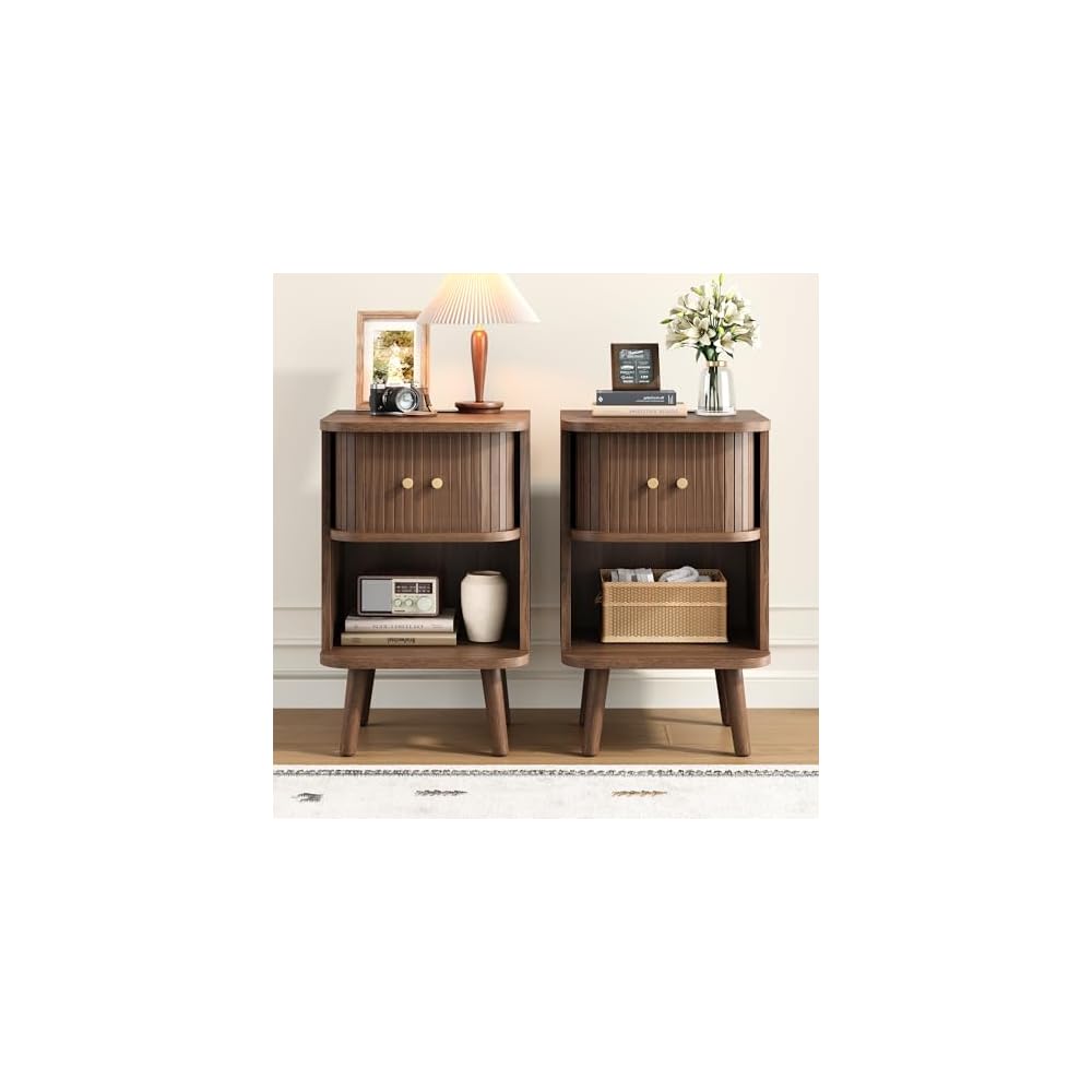 Decofy Fluted Nightstand Set of 2, Charging Station & Sliding Doors, Walnut