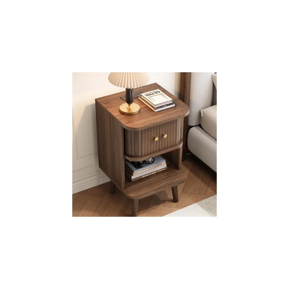 Decofy Fluted Nightstand Set of 2, Charging Station & Sliding Doors, Walnut