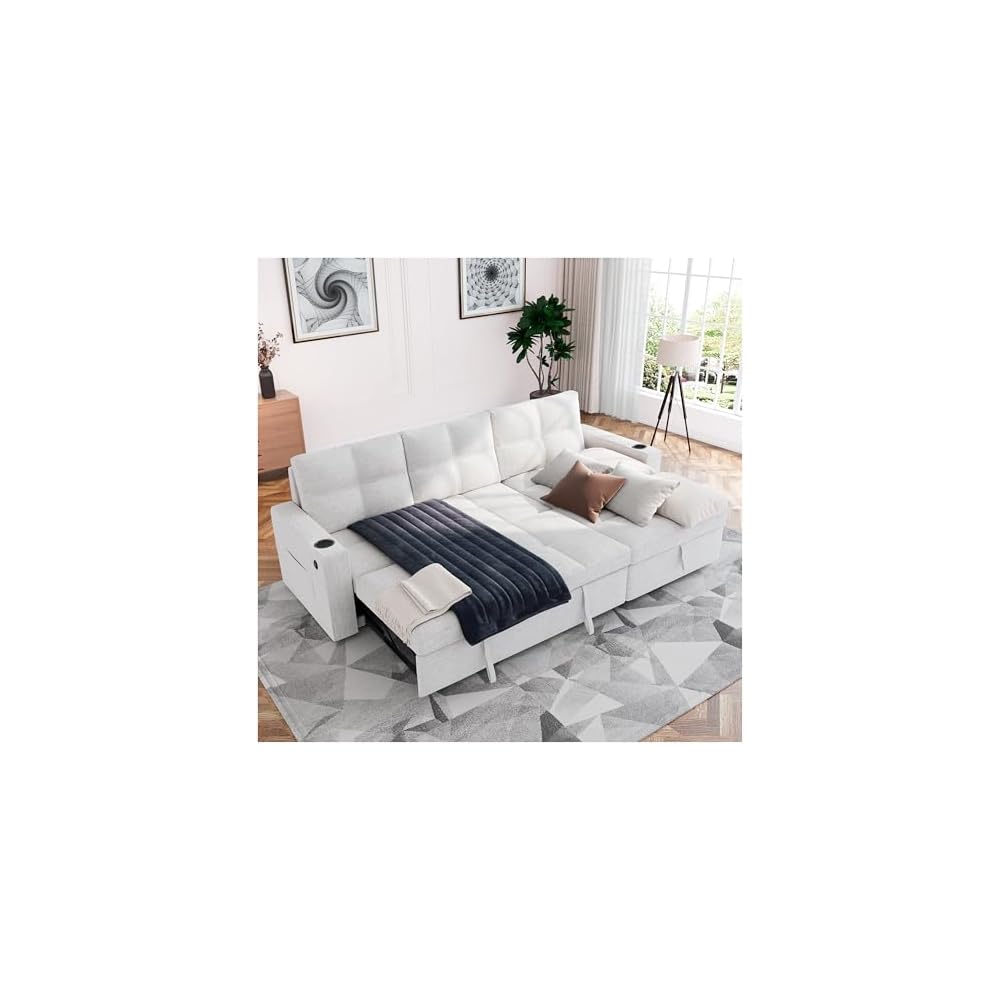 85 Inch Modular Sectional Sleeper Sofa Bed with Storage,L Shaped Sectional Couches Bed with Pull Out Couch Bed,USB Charging,Cup Holders and Side Pockets,for Living Room/Office/Apartment