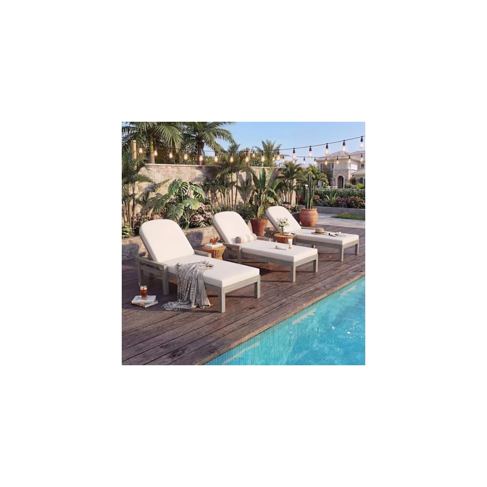 Outdoor Chaise Lounge Chair Set of 2, Patio Chaise Lounge Recliner with Adjustable Backrest, Acacia Wood Poolside Chaise Lounge with Thick All-Weather Cushions for Patio, Deck and Backyard(B)