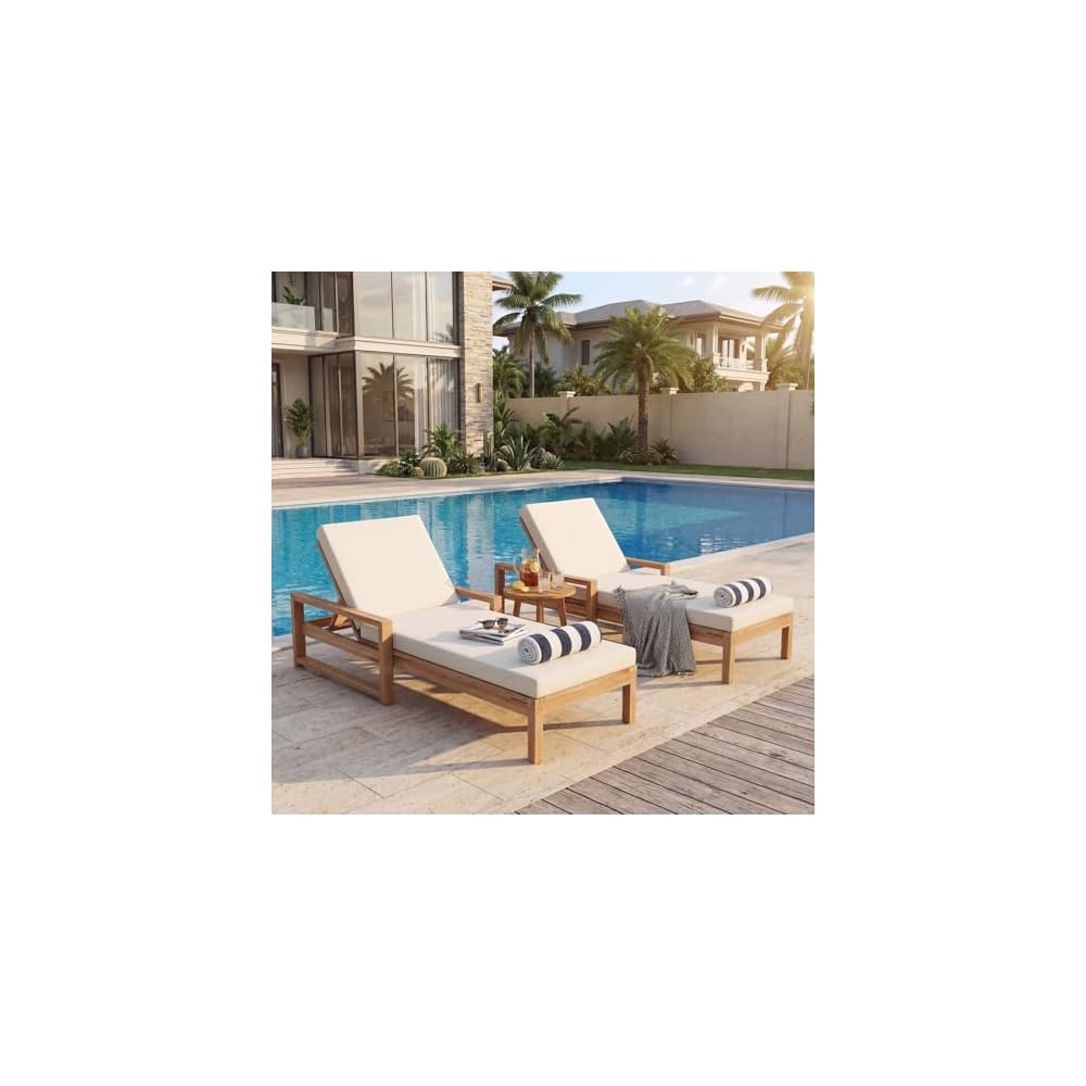 Outdoor Chaise Lounge Chair Set of 2, Patio Chaise Lounge Recliner with Adjustable Backrest, Acacia Wood Poolside Chaise Lounge with Thick All-Weather Cushions for Patio, Deck and Backyard(B)