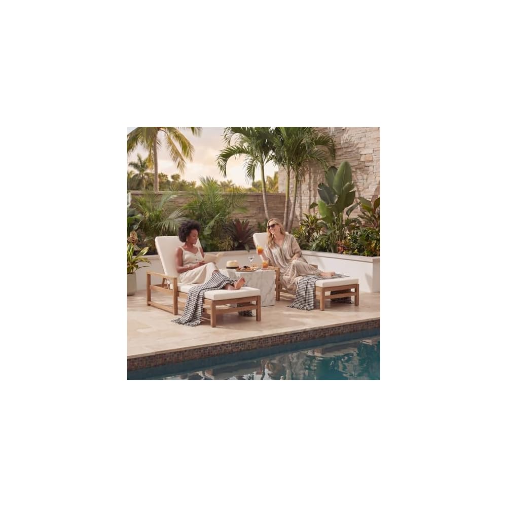 Outdoor Chaise Lounge Chair Set of 2, Patio Chaise Lounge Recliner with Adjustable Backrest, Acacia Wood Poolside Chaise Lounge with Thick All-Weather Cushions for Patio, Deck and Backyard(B)