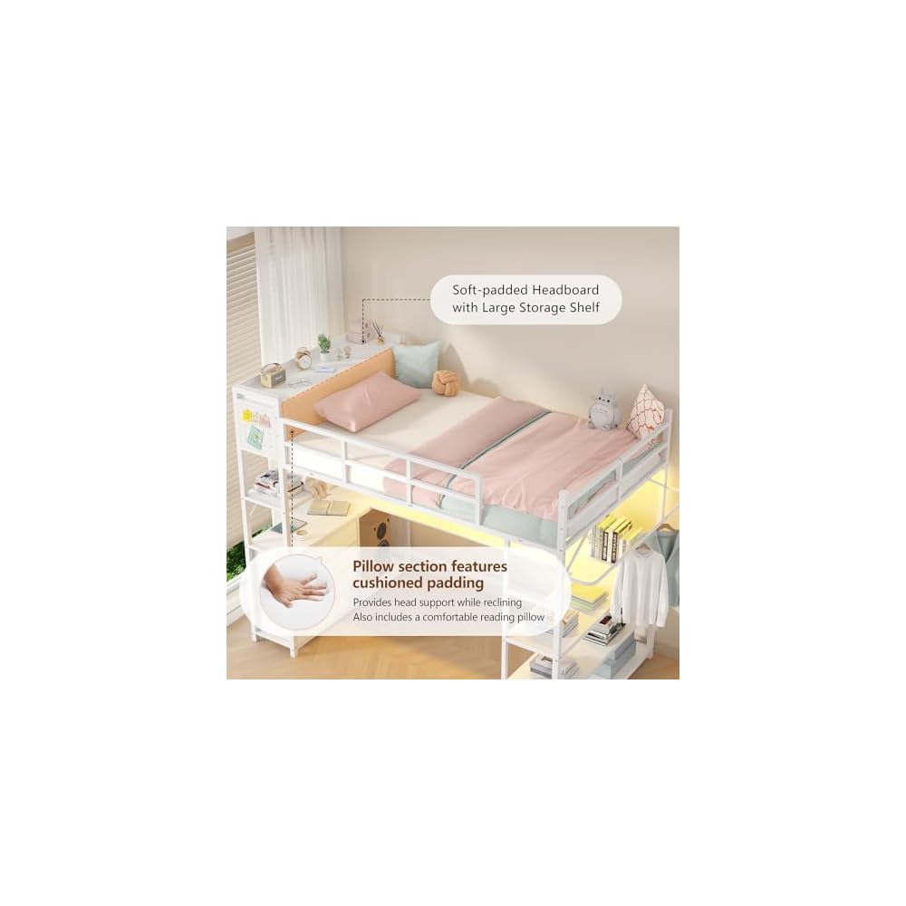 CSZZD White Loft Bed Twin Size with U-Shaped Desk and Upholstered Headboard