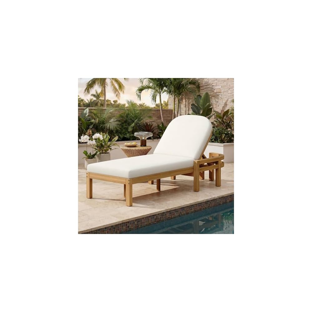 Outdoor Chaise Lounge Chair Set of 2, Patio Chaise Lounge Recliner with Adjustable Backrest, Acacia Wood Poolside Chaise Lounge with Thick All-Weather Cushions for Patio, Deck and Backyard(B)