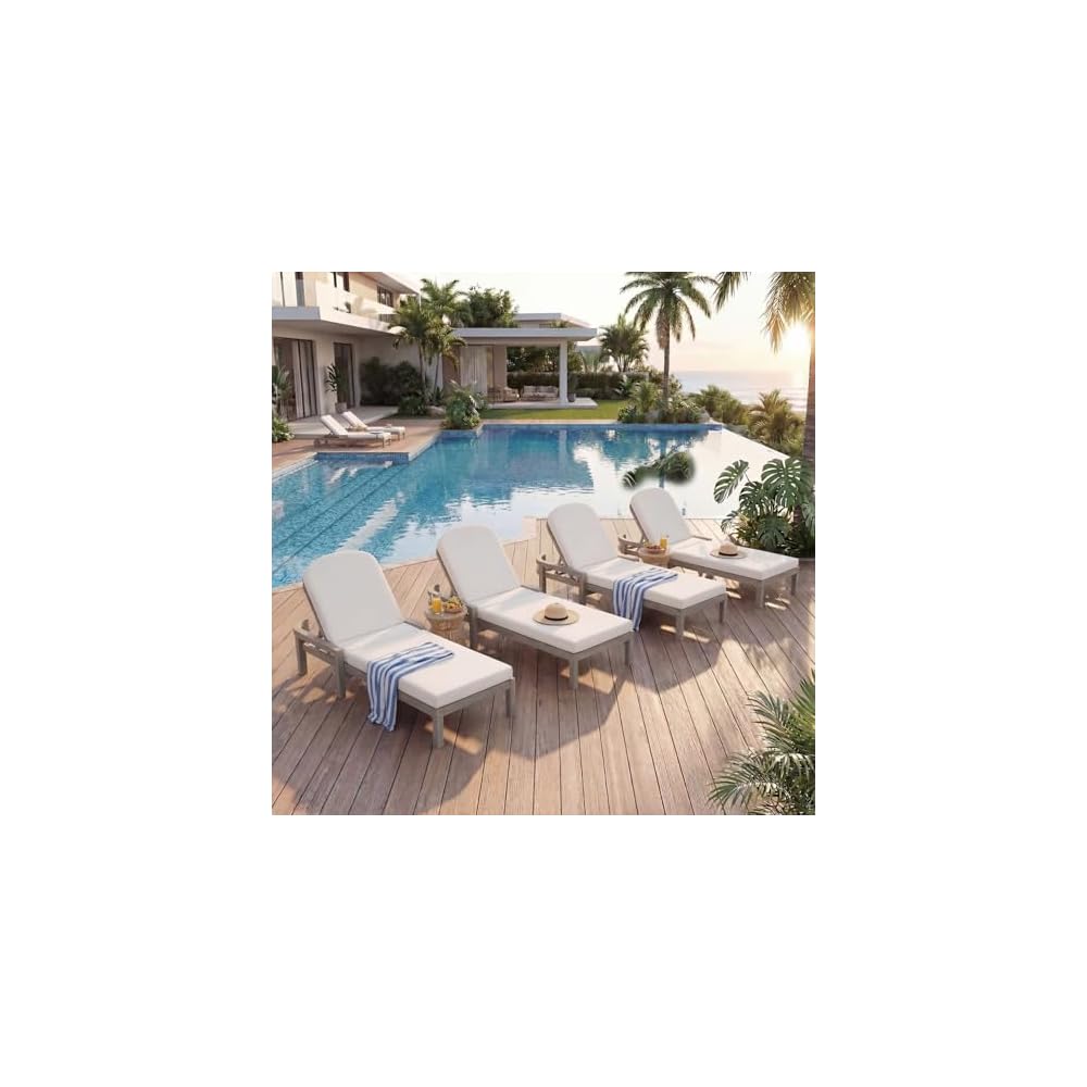 Outdoor Chaise Lounge Chair Set of 2, Patio Chaise Lounge Recliner with Adjustable Backrest, Acacia Wood Poolside Chaise Lounge with Thick All-Weather Cushions for Patio, Deck and Backyard(B)
