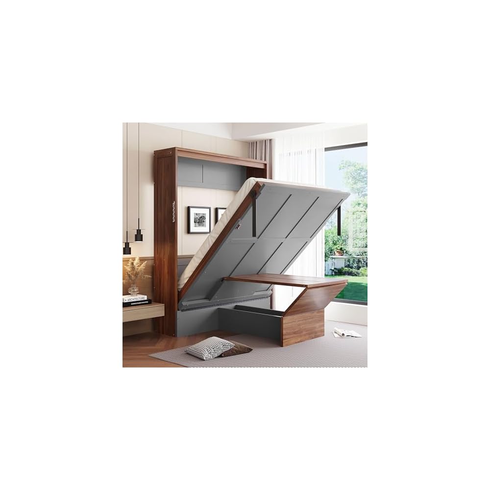 Ball & Cast Full Size Murphy Bed Wall Beds with Foldable Desk and Hardware Chain,Cabinets Bed w/Metal Leg & Slat Support,Space Saving Bedroom Furniture for Small Space Apartment,Walnut & Gray