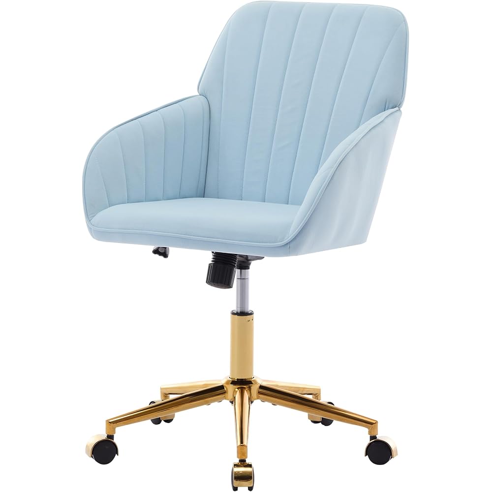 Modern Velvet Home Office Desk Chair,with Gold Metal Legs, Swivel Chair360° with High Back, Swivel Armchair Vanity Chair Nice Task Chair，vanity chair Upholstered Tufted Computer Chair (Baby Blue)
