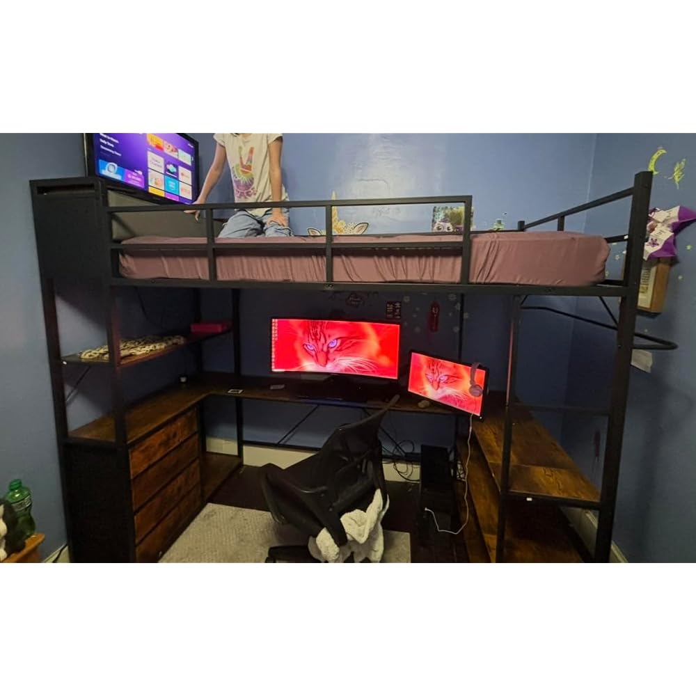 CSZZD White Loft Bed Twin Size with U-Shaped Desk and Upholstered Headboard