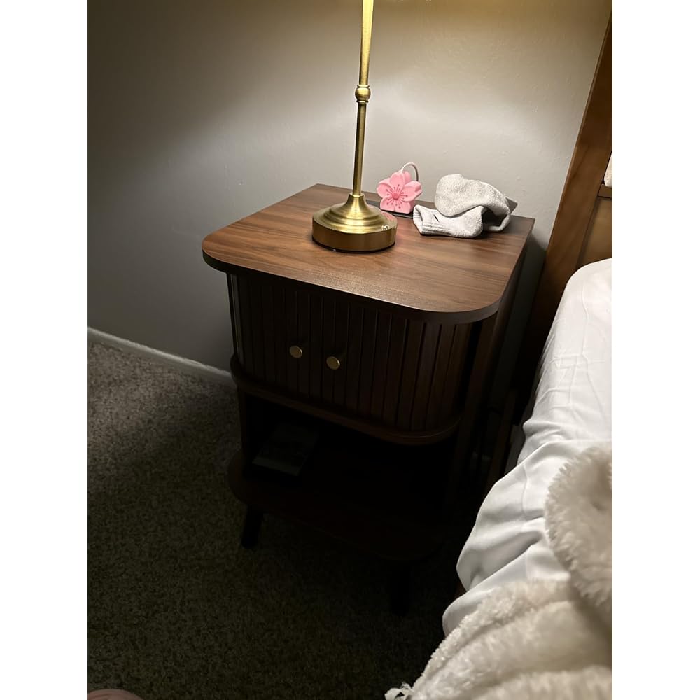 Decofy Fluted Nightstand Set of 2, Charging Station & Sliding Doors, Walnut
