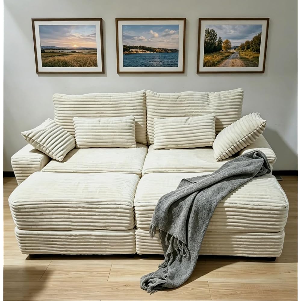 75" Corduroy Loveseat Sofa with Storage Ottoman,USB Charging,Beige
