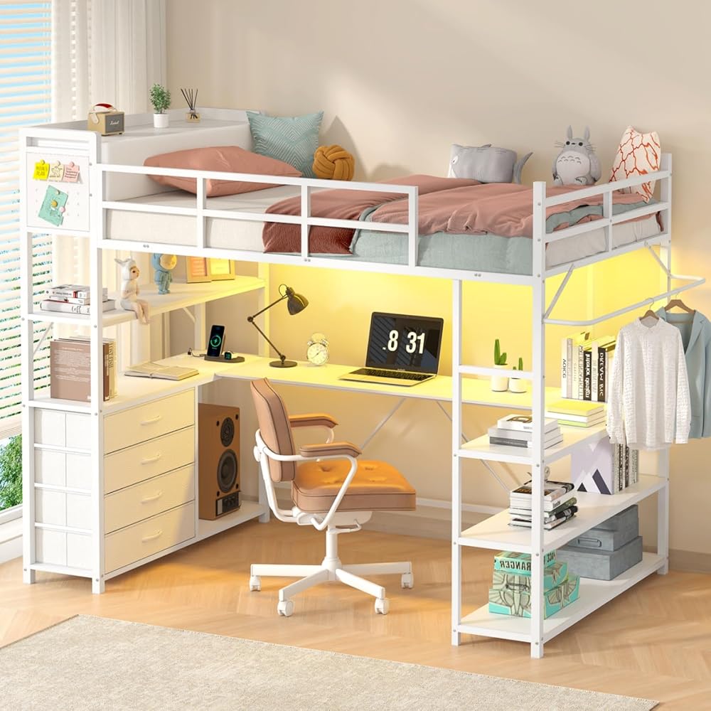 CSZZD White Loft Bed Twin Size with U-Shaped Desk and Upholstered Headboard