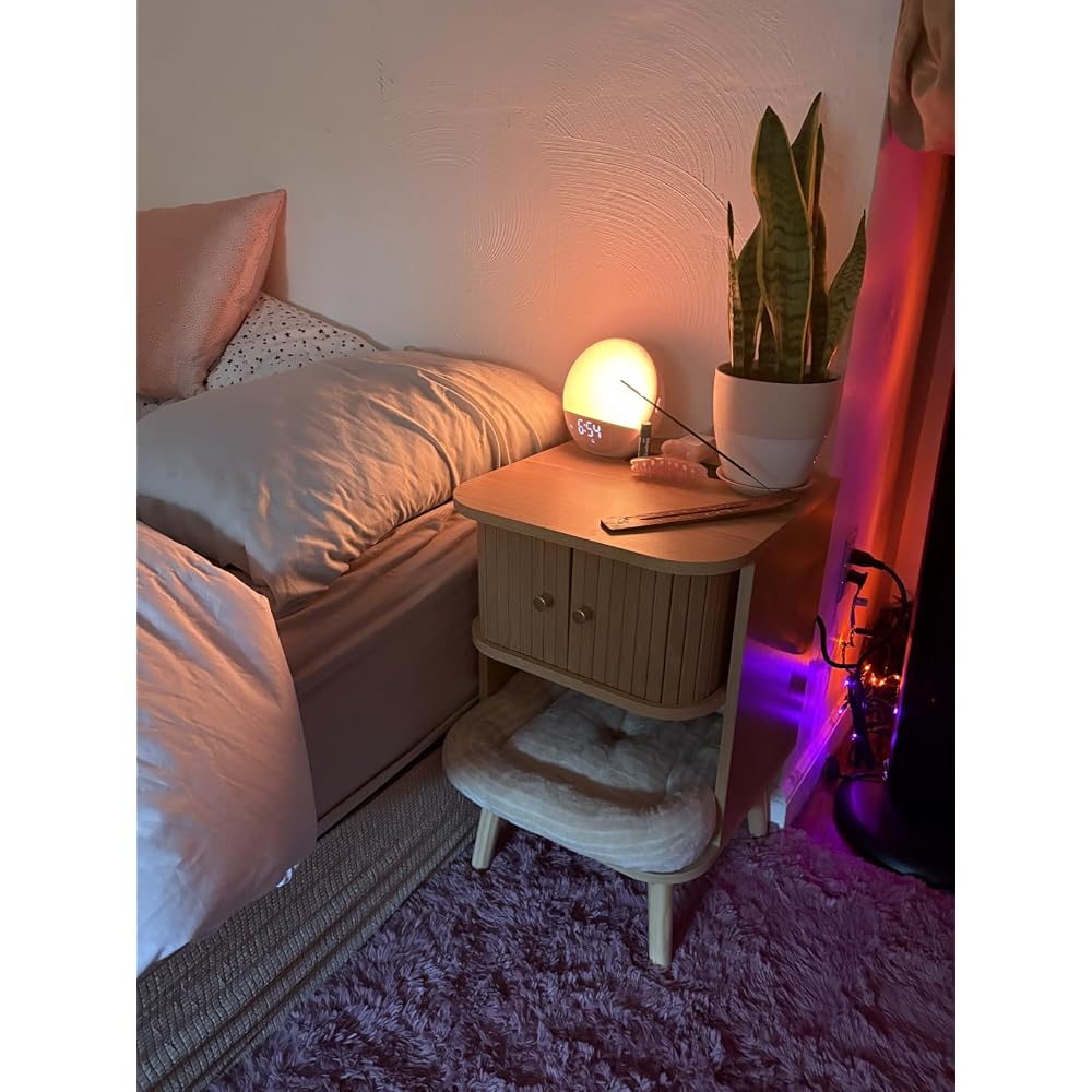 Decofy Fluted Nightstand Set of 2, Charging Station & Sliding Doors, Walnut
