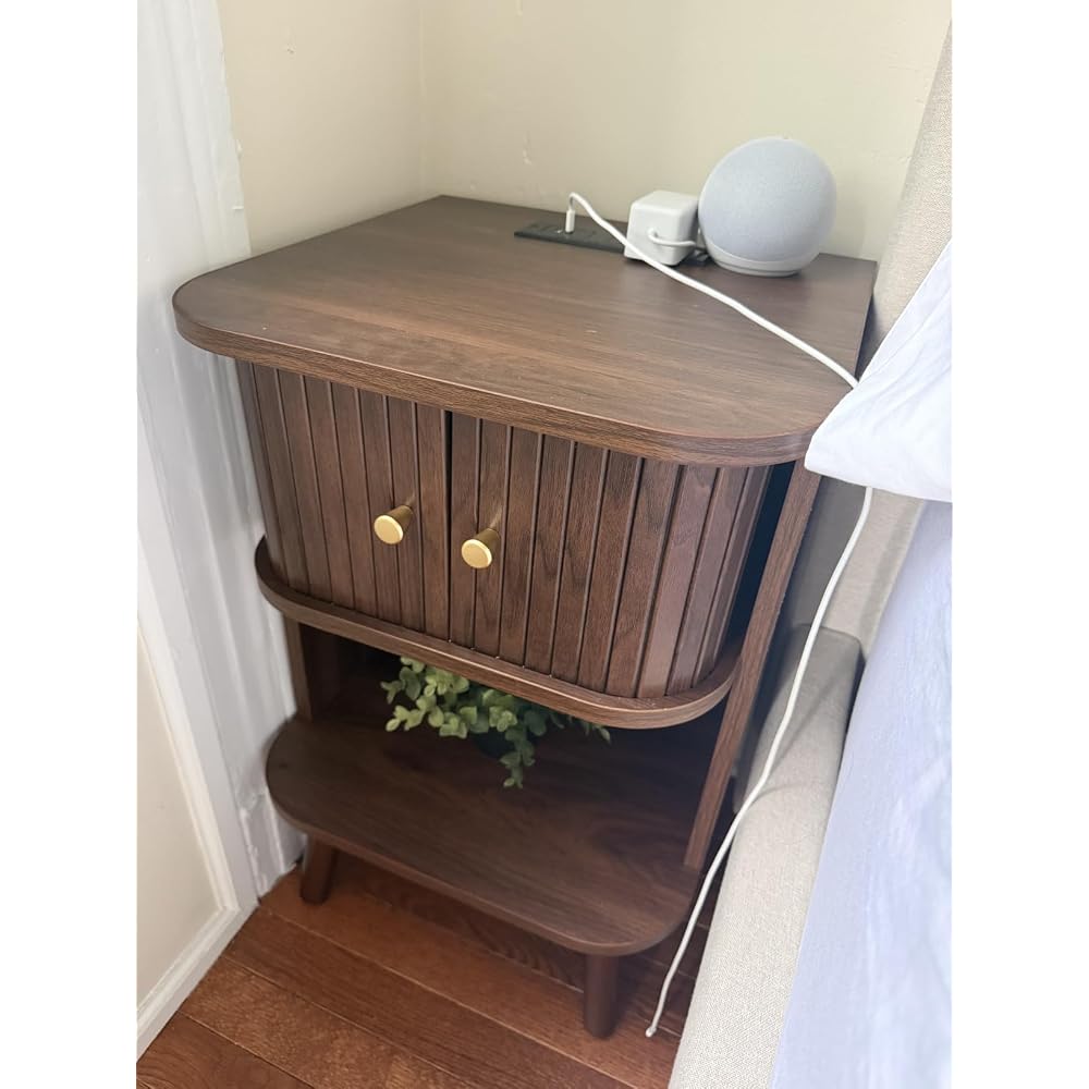 Decofy Fluted Nightstand Set of 2, Charging Station & Sliding Doors, Walnut