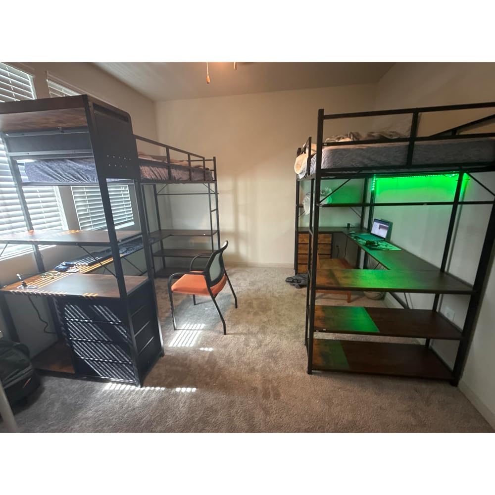 CSZZD White Loft Bed Twin Size with U-Shaped Desk and Upholstered Headboard