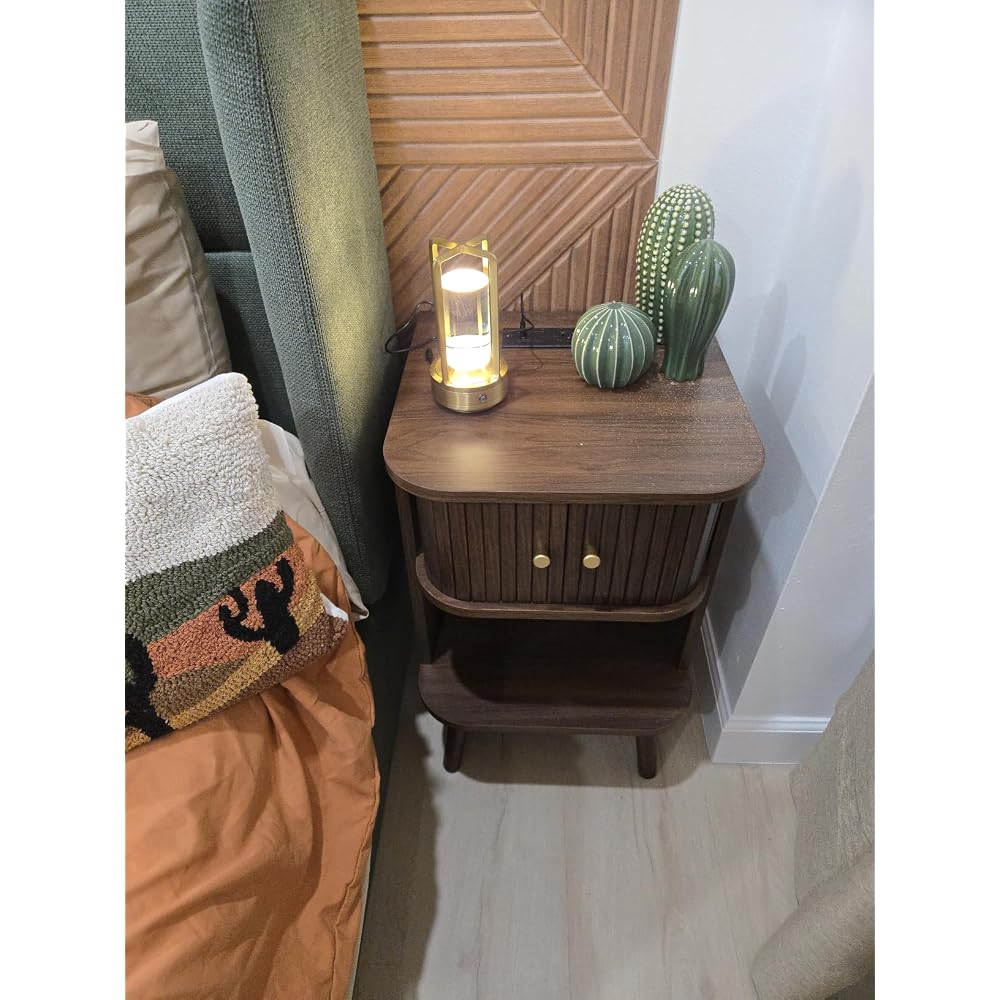 Decofy Fluted Nightstand Set of 2, Charging Station & Sliding Doors, Walnut