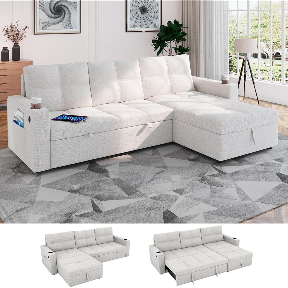 85 Inch Modular Sectional Sleeper Sofa Bed with Storage,L Shaped Sectional Couches Bed with Pull Out Couch Bed,USB Charging,Cup Holders and Side Pockets,for Living Room/Office/Apartment
