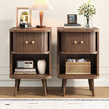 Decofy Fluted Nightstand Set of 2, Charging Station & Sliding Doors, Walnut