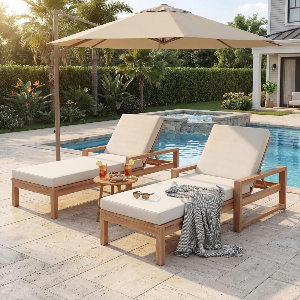 Outdoor Chaise Lounge Chair Set of 2, Patio Chaise Lounge Recliner with Adjustable Backrest, Acacia Wood Poolside Chaise Lounge with Thick All-Weather Cushions for Patio, Deck and Backyard(B)