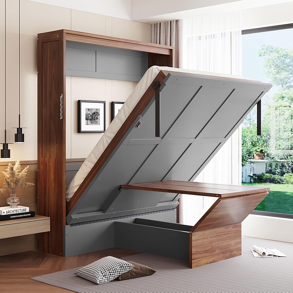 Ball & Cast Full Size Murphy Bed Wall Beds with Foldable Desk and Hardware Chain,Cabinets Bed w/Metal Leg & Slat Support,Space Saving Bedroom Furniture for Small Space Apartment,Walnut & Gray