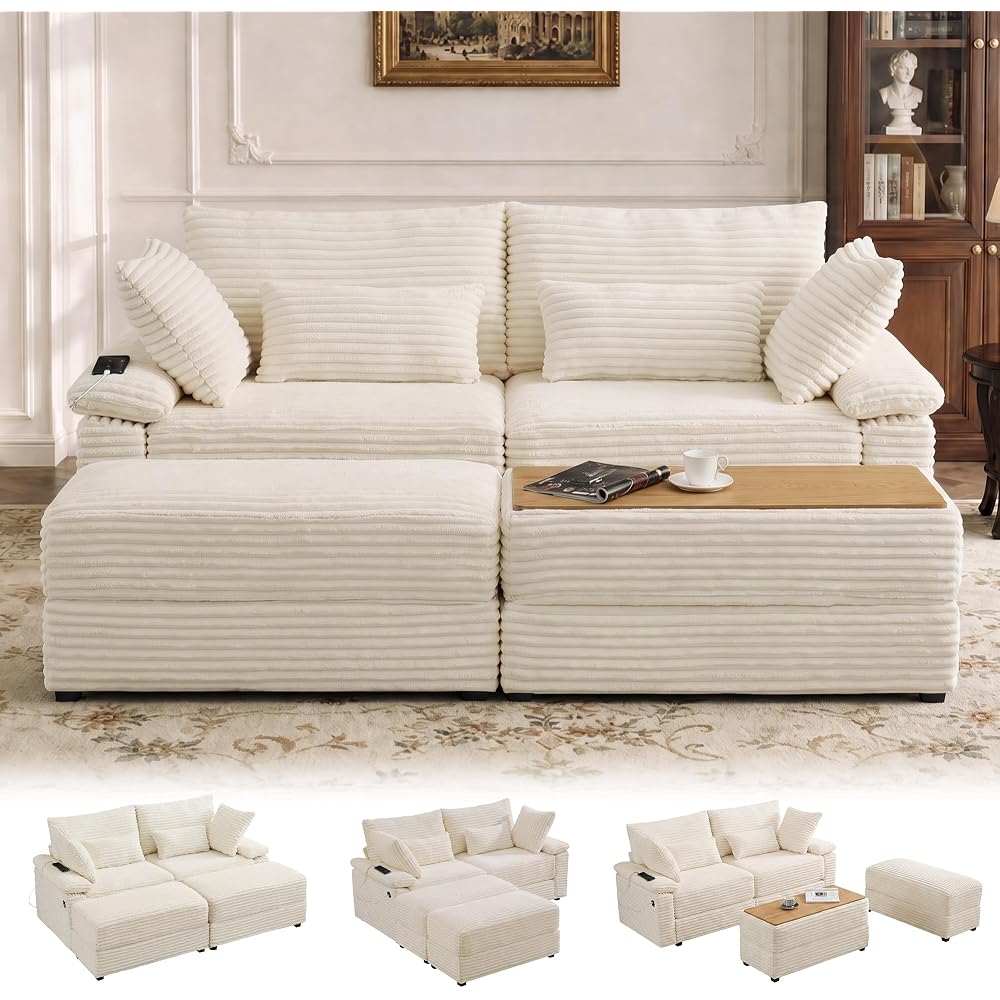 75" Corduroy Loveseat Sofa with Storage Ottoman,USB Charging,Beige