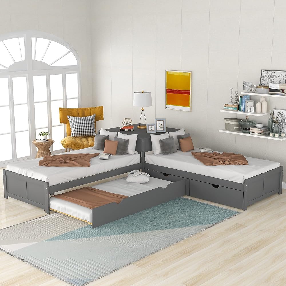 Merax L-Shaped Platform Bed with Trundle, Drawers and Built-in Desk, Wood Bed for Teens, L Shaped Twin Bed, Grey